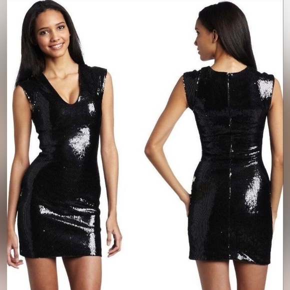 FRENCH CONNECTION Stretchy Black Sequin Mini Dress - Perfect for NYE - Picture 1 of 8